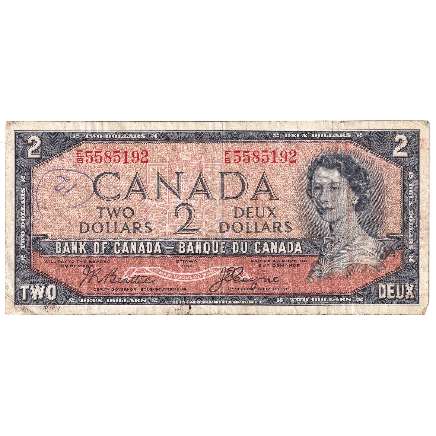 BC-30b 1954 Canada $2 Beattie-Coyne, Devil's Face, F/B, VF (dam'g)