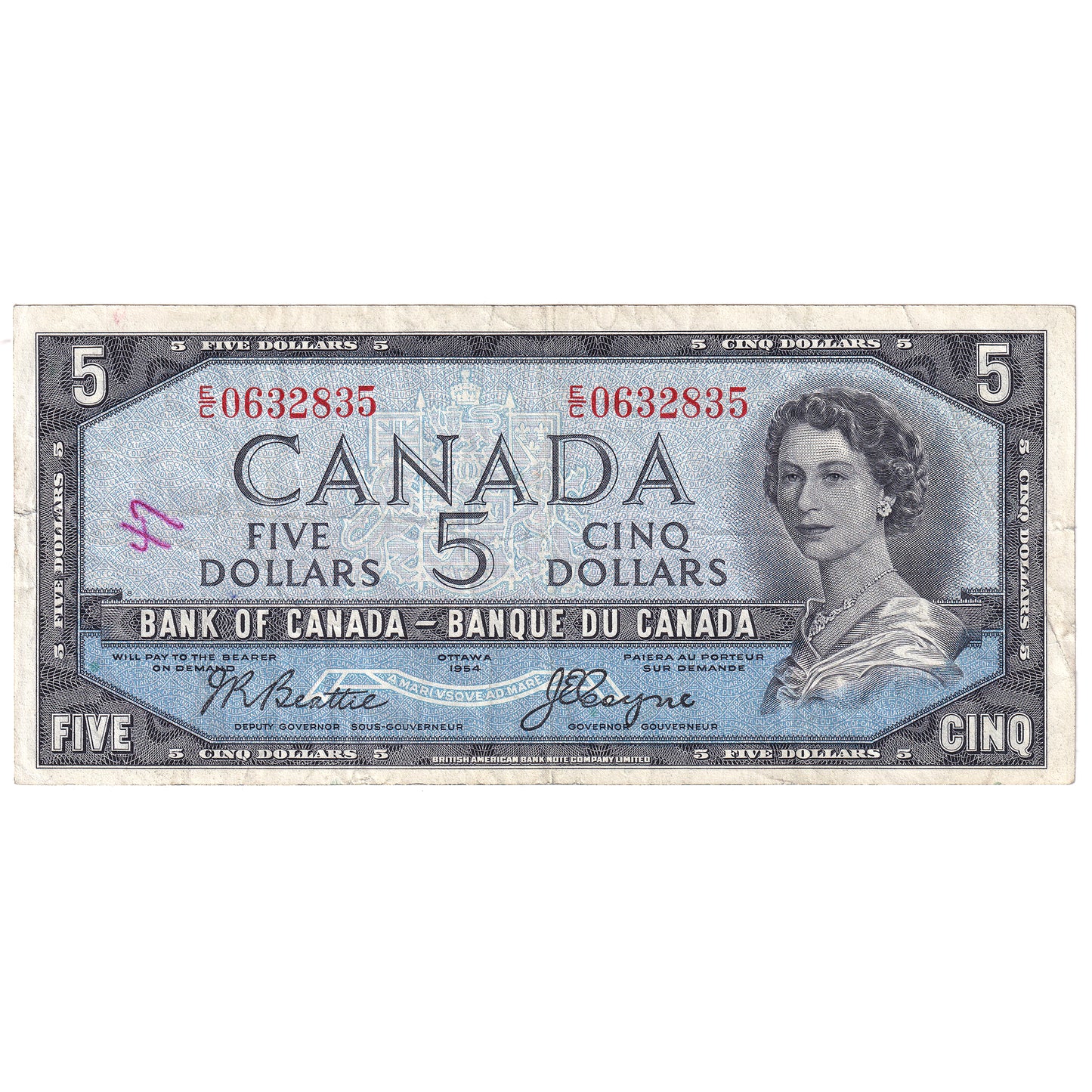 BC-31b 1954 Canada $5 Beattie-Coyne, Devil's Face, E/C, VF (writing)