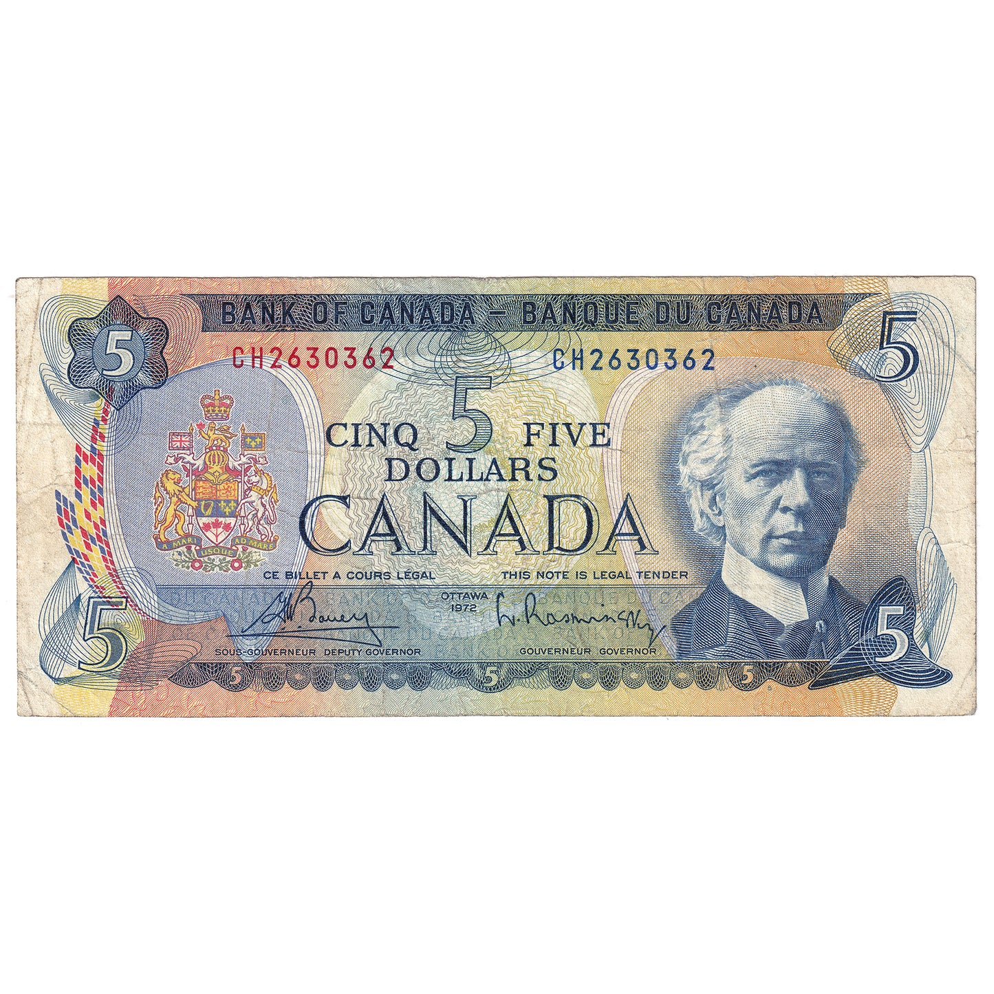 BC-48a-N1-iii 1972 Canada $5 Bouey-Rasminsky, 4 Digit RADAR CH2630362, Circ.