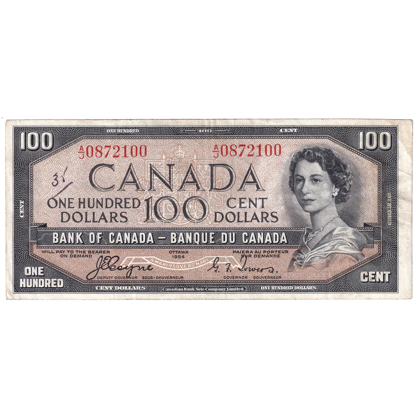BC-35a 1954 Canada $100 Coyne-Towers, Devil's Face, A/J, VF (writing)