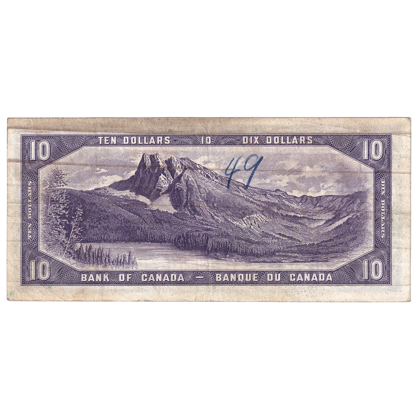 BC-32a 1954 Canada $10 Coyne-Towers, Devil's Face, C/D, VF (dam'g)