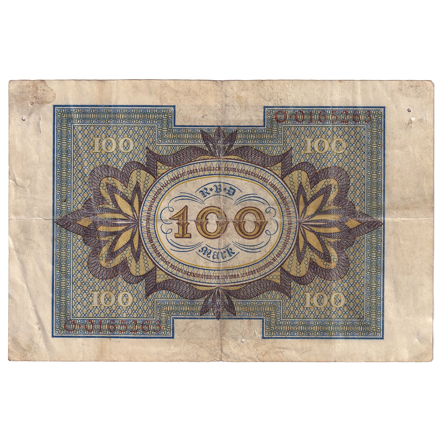 Germany 1920 100 Mark Note, 7 digit, Pick #69a, VF-EF (holes)