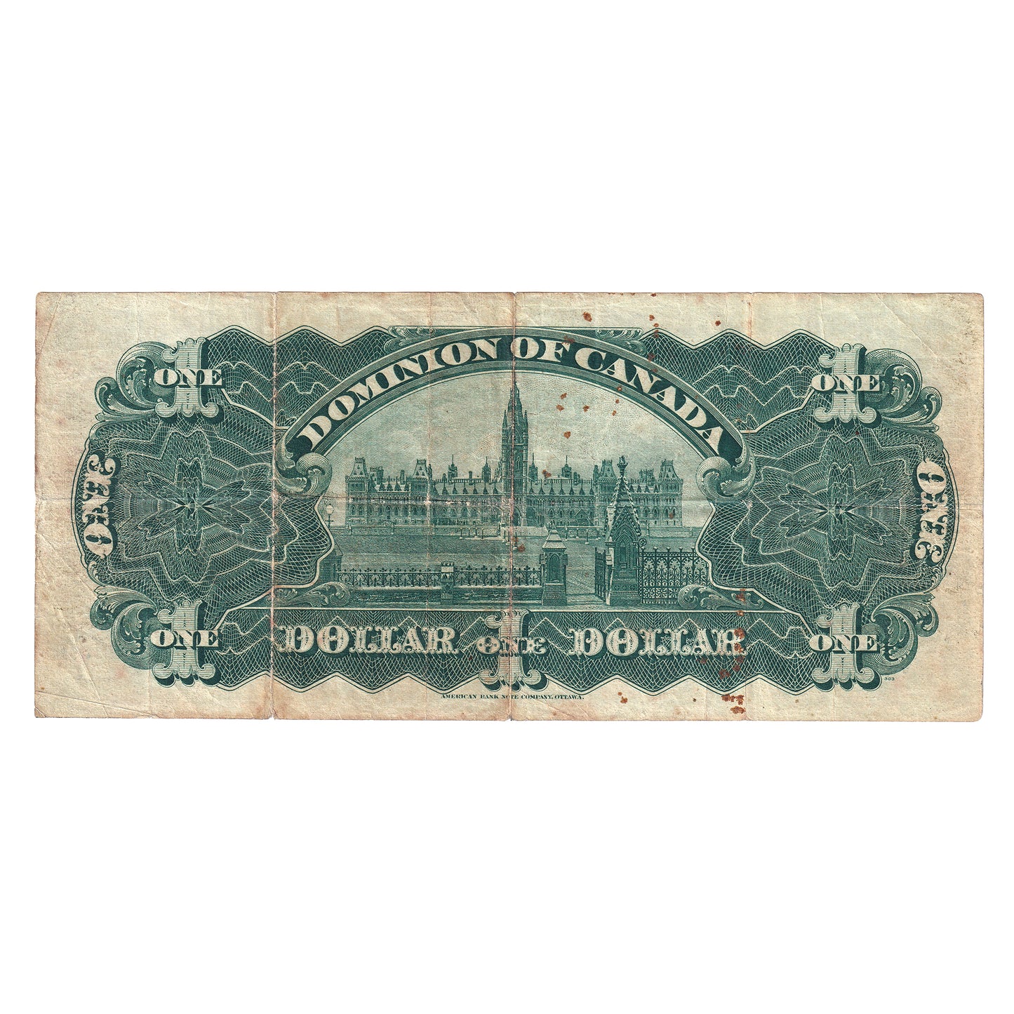 DC-18b 1911 Dominion of Canada $1 Various-Boville, Green Line, Series F, F-VF (dam'g)