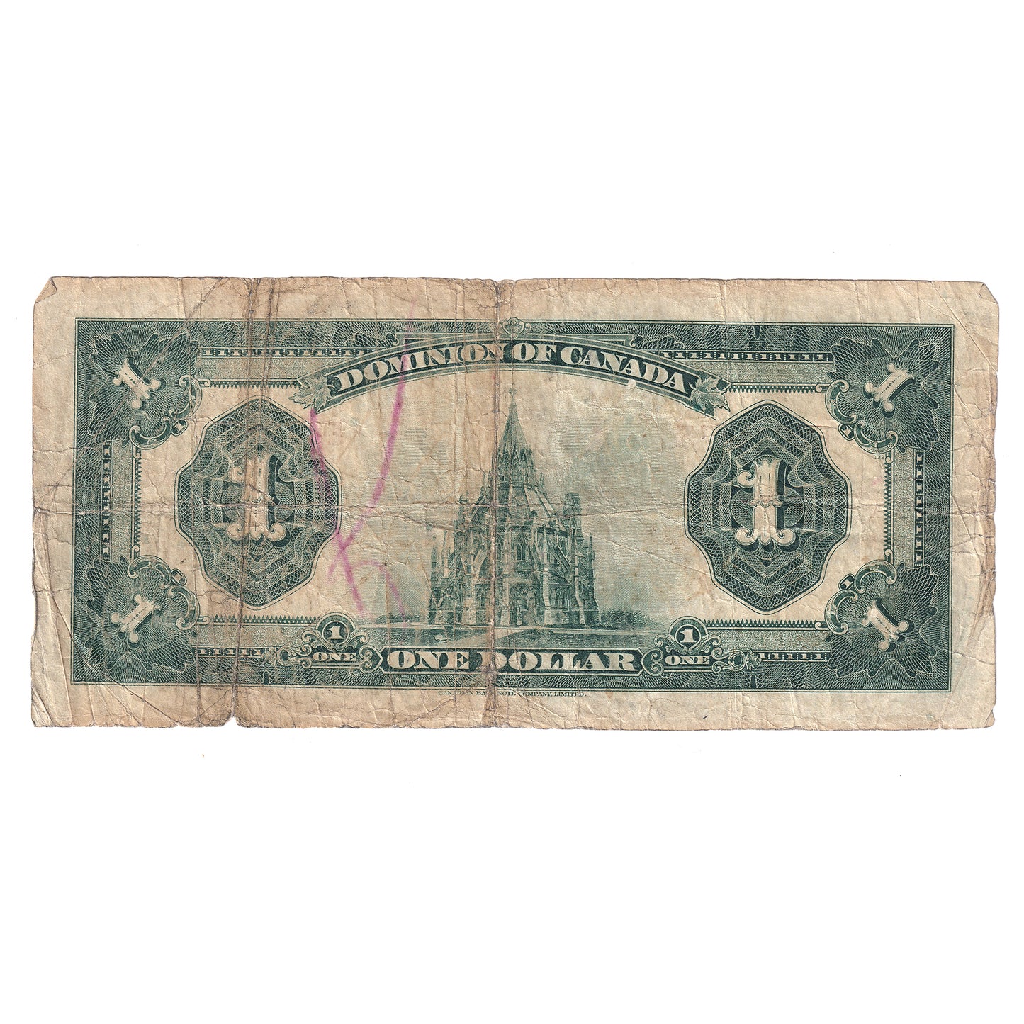 DC-25o 1923 Dominion $1 Campbell-Clark, Black Seal, Group 4, F (dam'g)