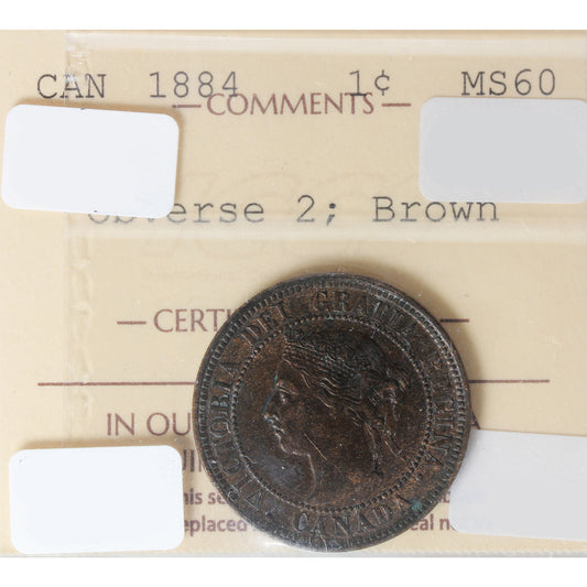 1884 Obv. 2 Canada 1-cent ICCS Certified MS60 Toned