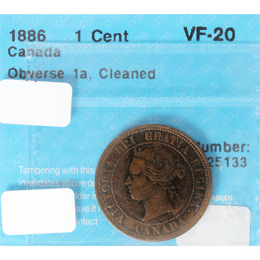 1886 Obv. 1 Canada 1-cent CCCS Certified VF20 Cleaned