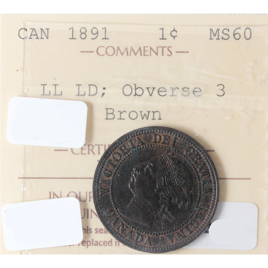 1891 LL LD Obv. 3 Canada 1-cent ICCS Certified MS60 Brown
