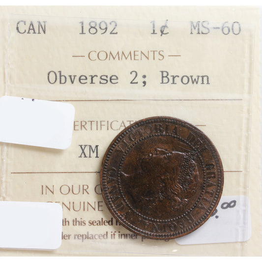 1892 Obv. 2 Canada 1-cent ICCS Certified MS60 Brown
