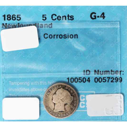 1865 Obv.1 Newfoundland 5-cents CCCS Certified G4 Corrosion