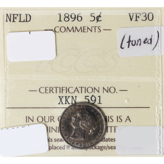 1896 Newfoundland 5-cents ICCS Certified VF30 Toned