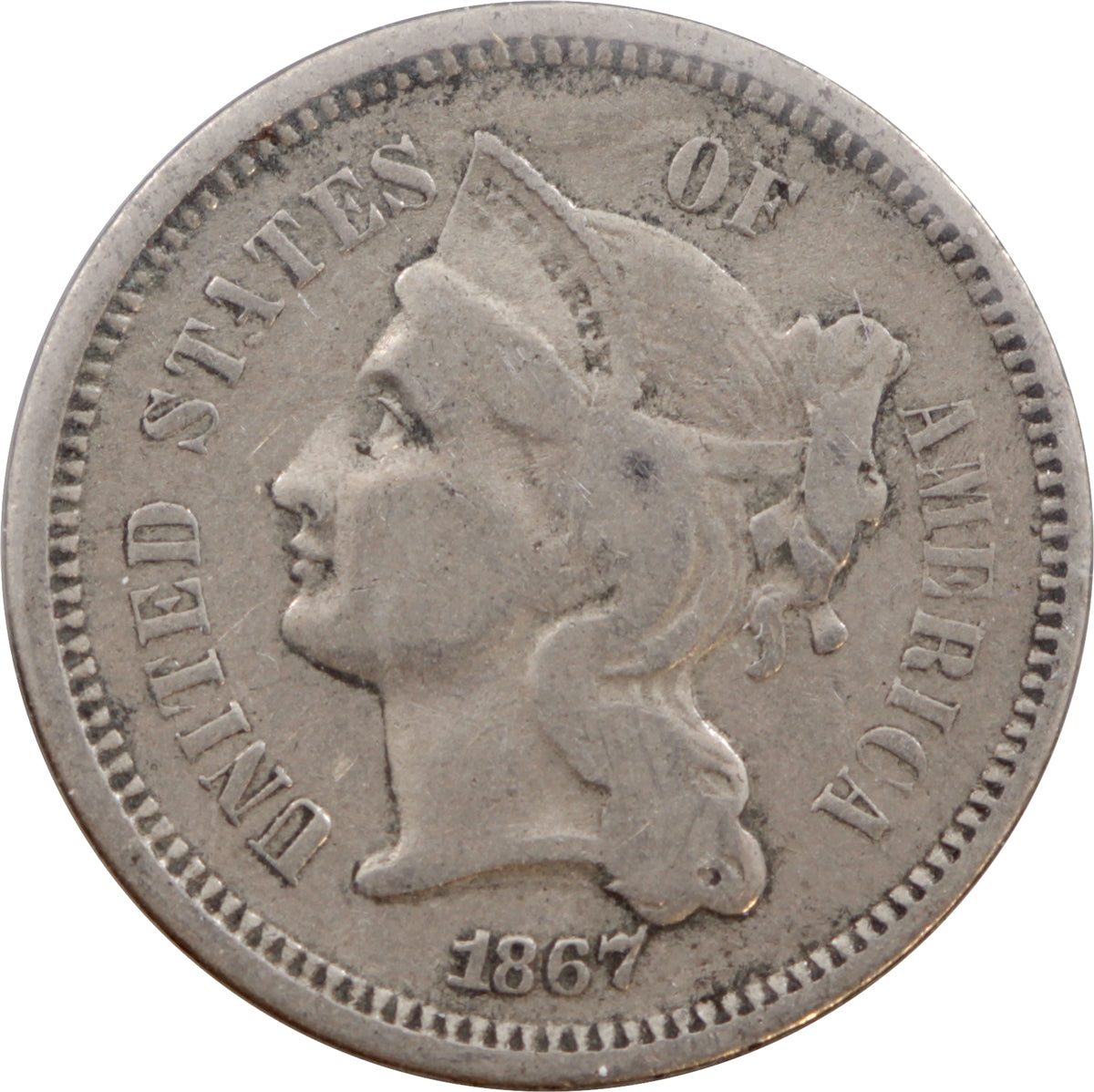 1867 Nickel USA 3 Cents VG-F (VG10)