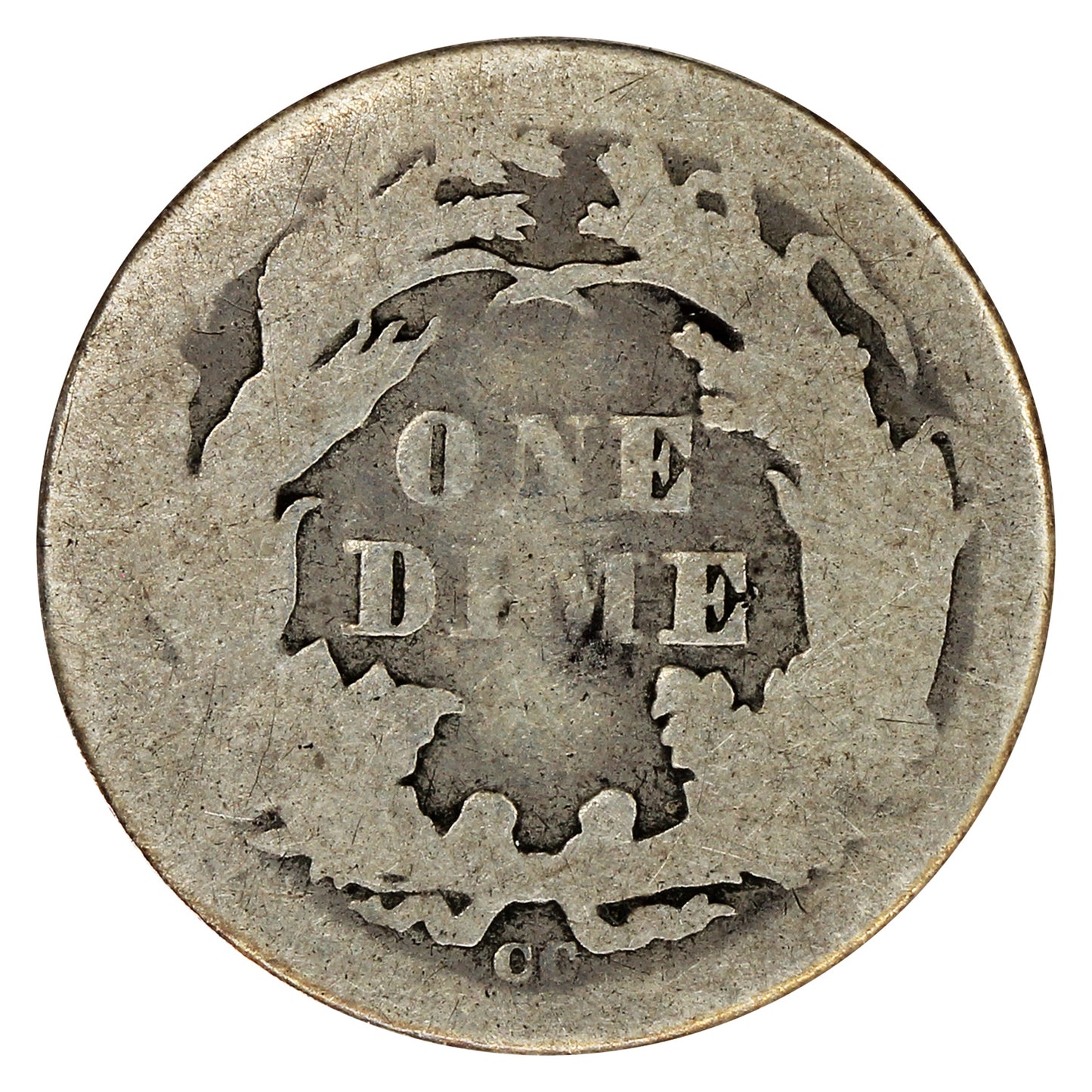 1875 CC Below Bow USA Dime About Good (AG3)