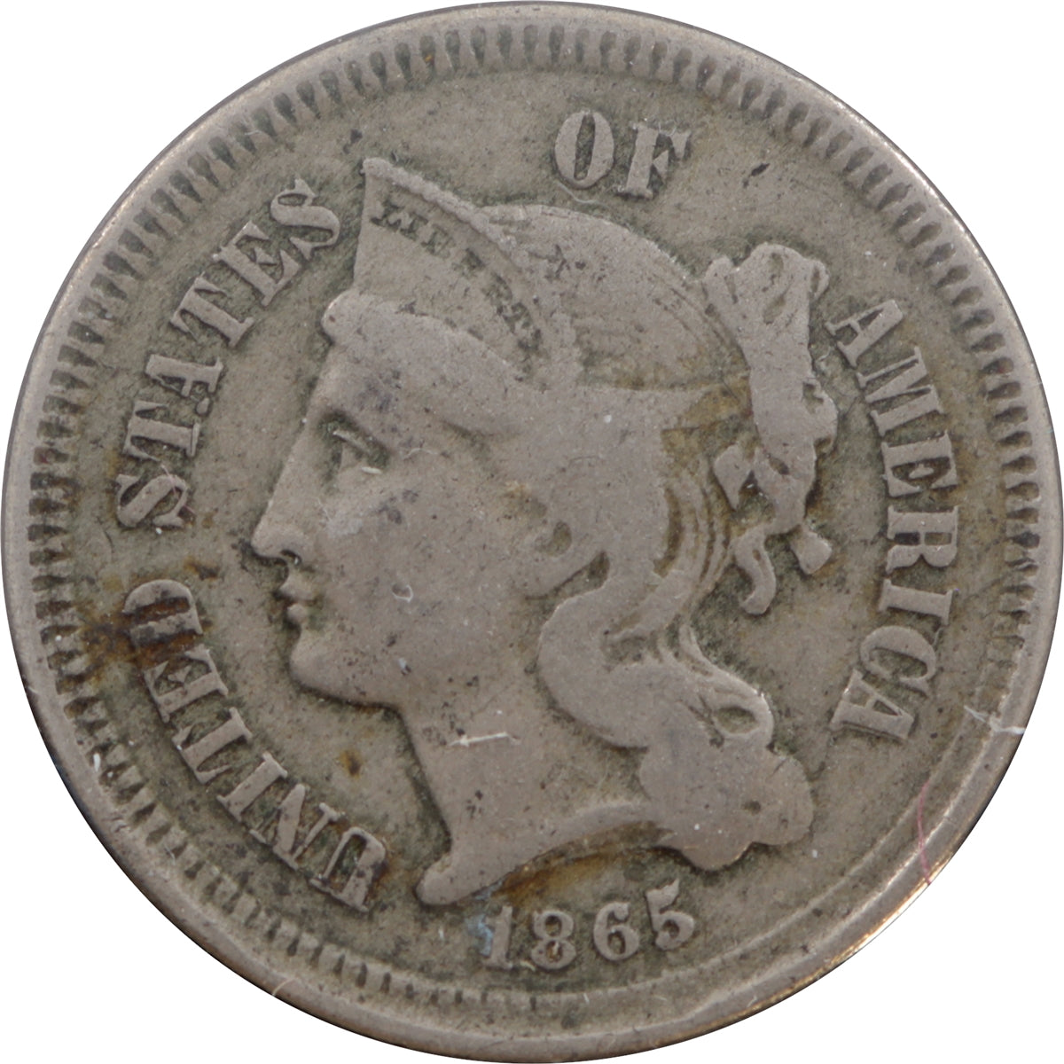 1865 Nickel USA 3 Cents Very Fine (VF20)