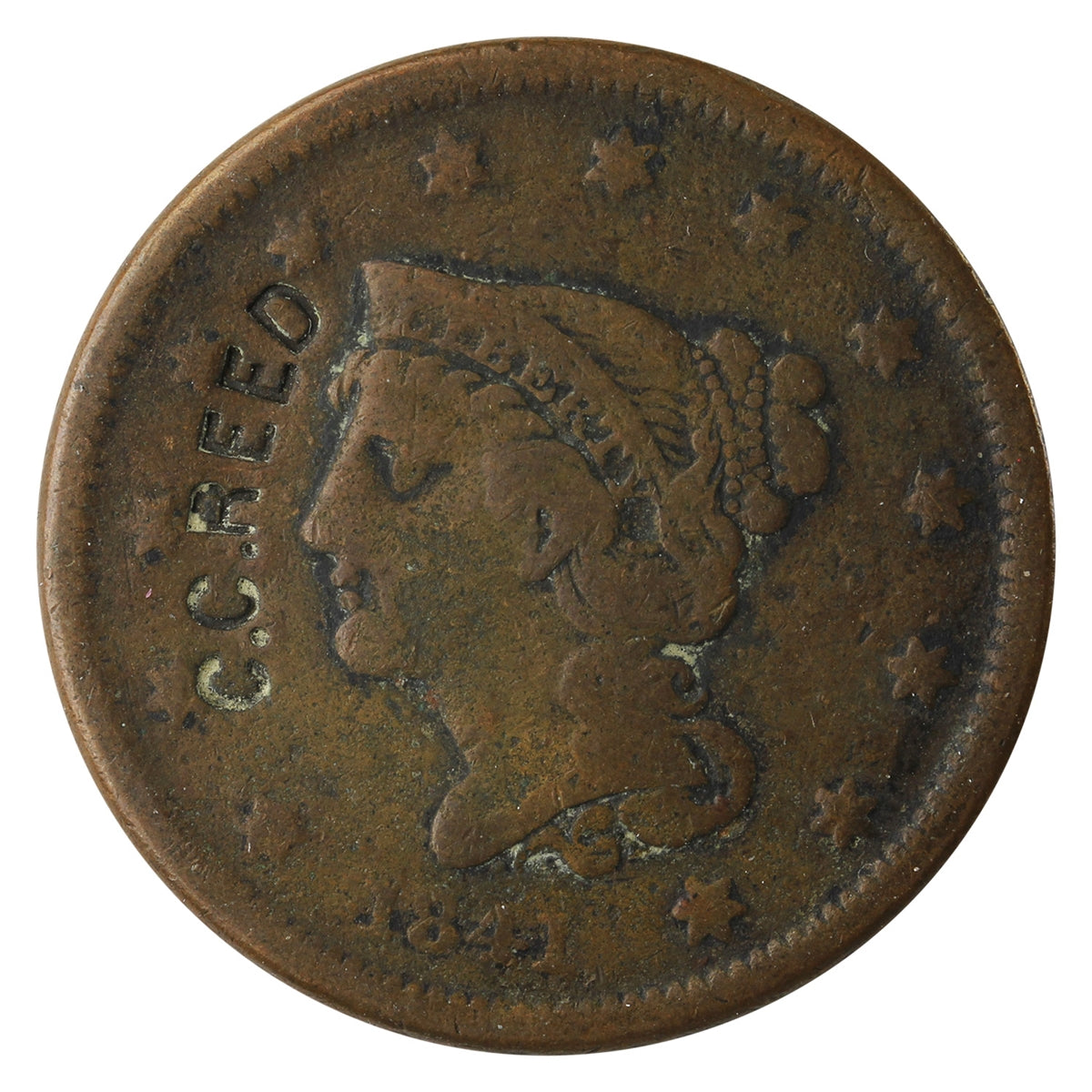 1841 USA Cent Fine (F-12) C.C. Reed Counterstamped $