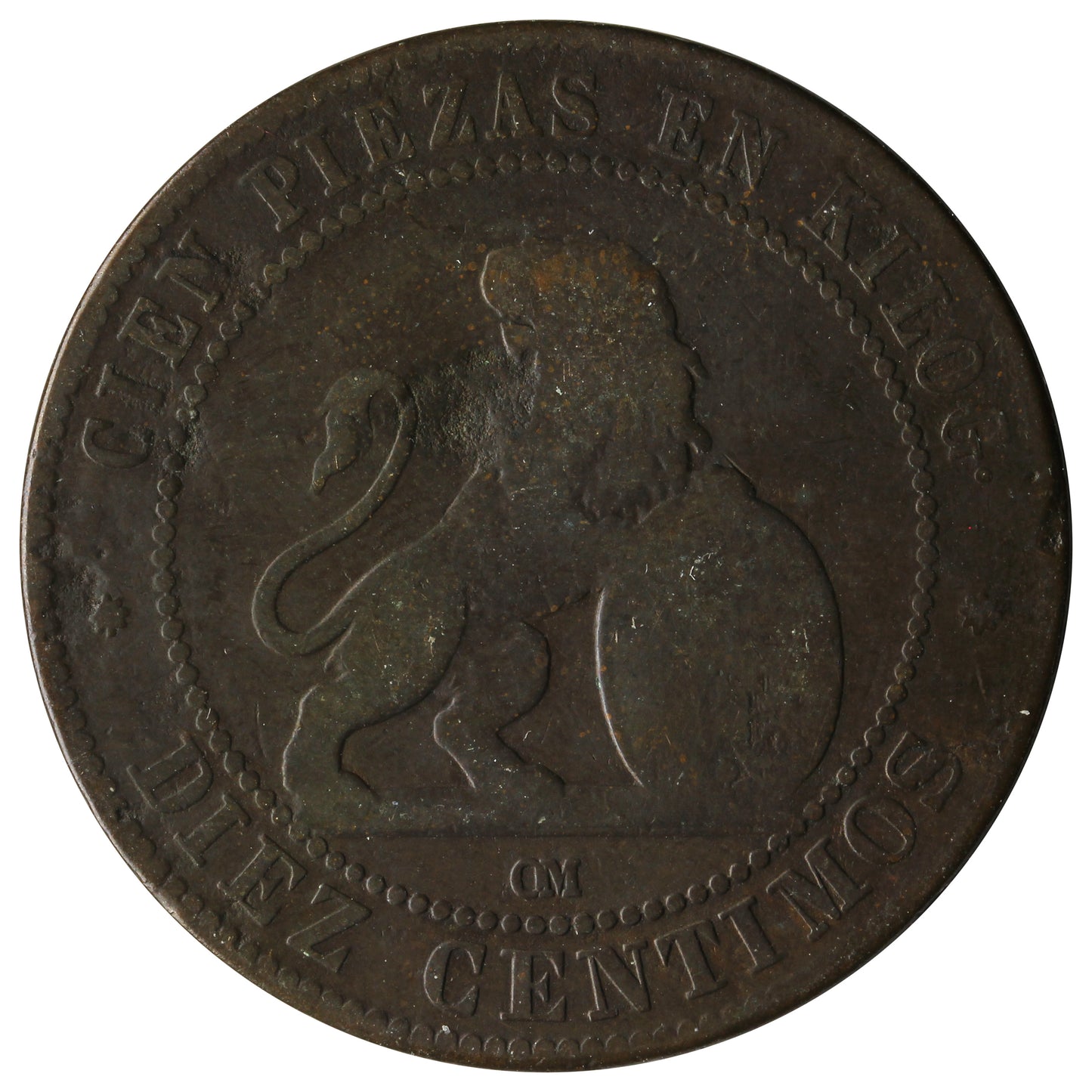 Spain 1870OM 10 Centimos F-VF (F15)