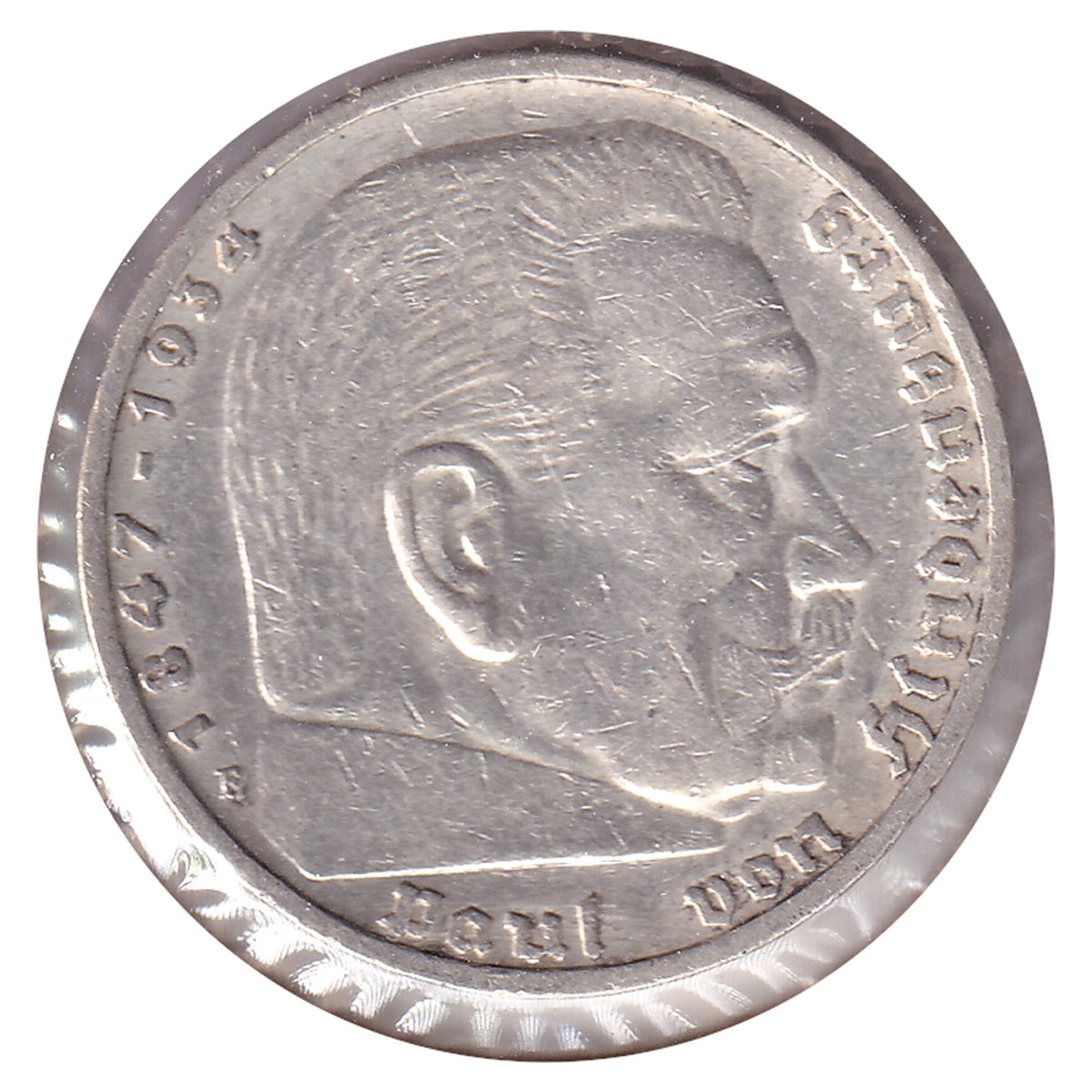 German Third Reich 1935F Hindenburg 5 Marks Almost Uncirculated (AU50)