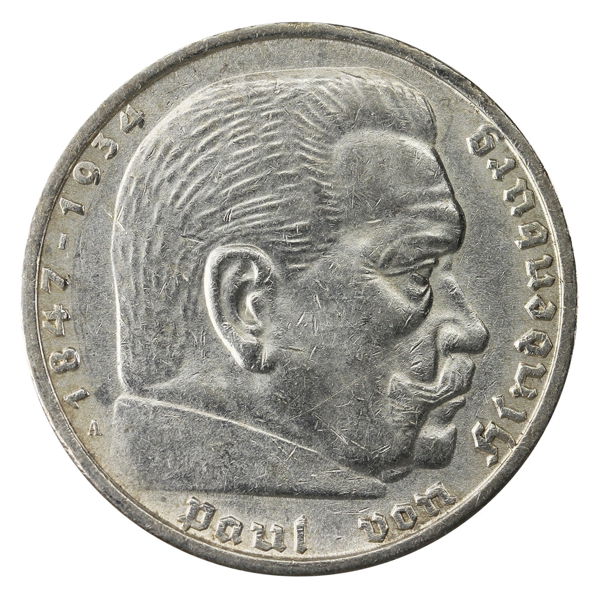 German Third Reich 1935A Hindenburg 5 Marks Almost Uncirculated (AU50)