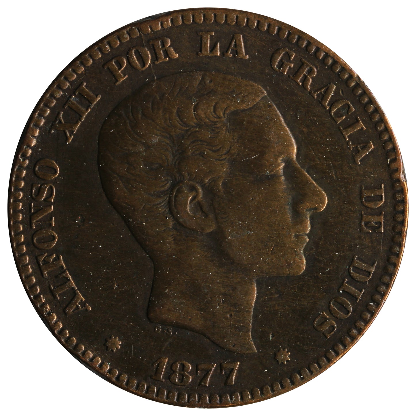 Spain 1877OM 10 Centimos VF-EF (VF30)