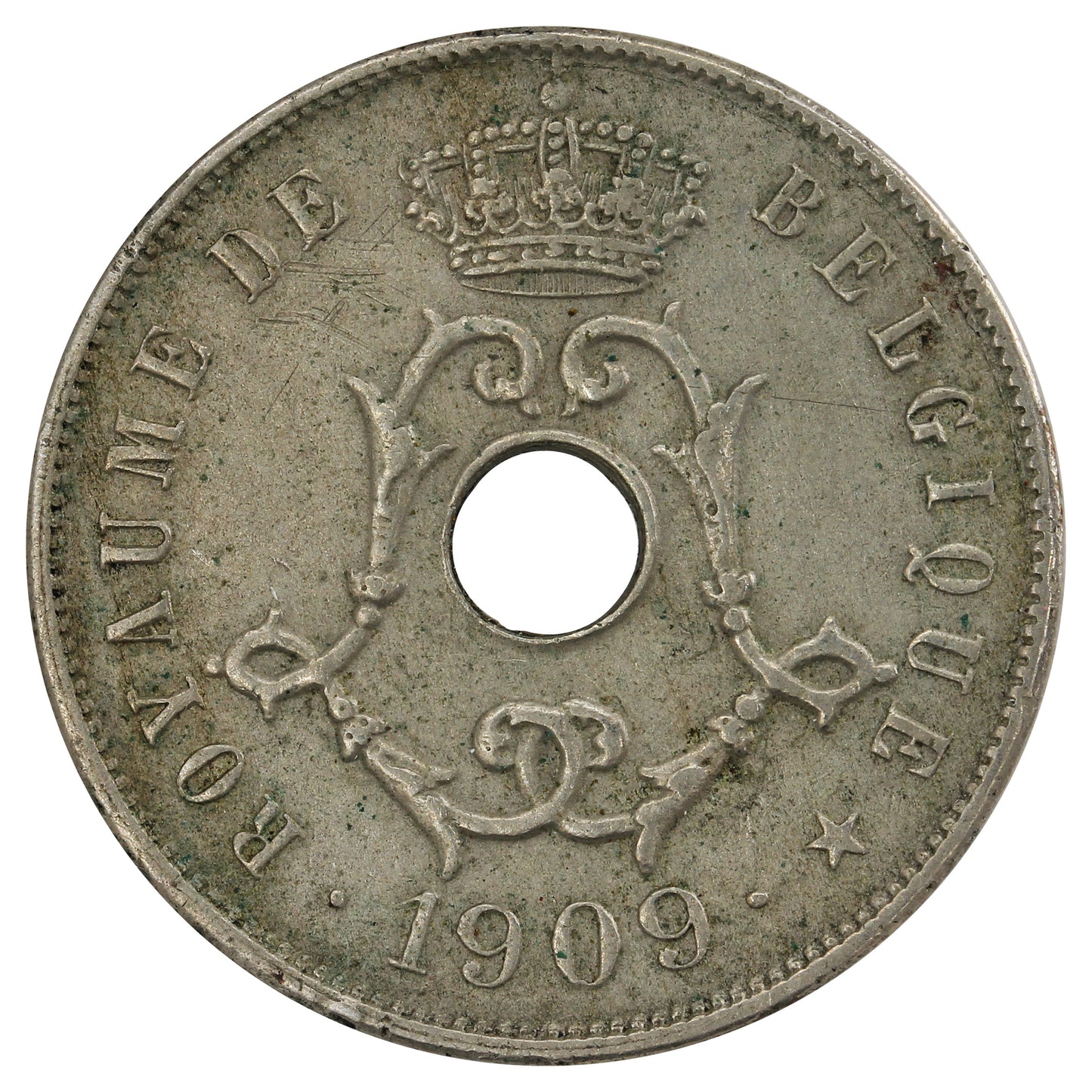 Belgium 1909 French 25 Centimes Almost Uncirculated (AU50)