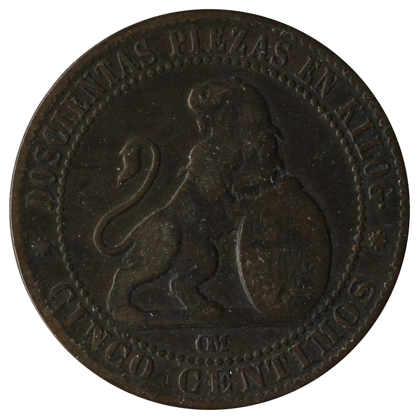 Spain 1870 OM 5 Centimos Very Fine (VF20)