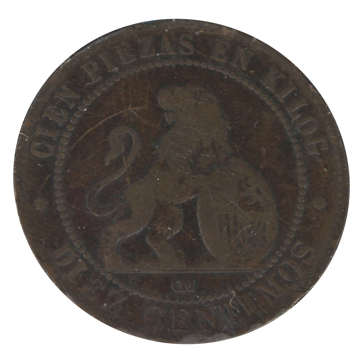 Spain 1870 OM 10 Centimos VF-EF (VF30) $