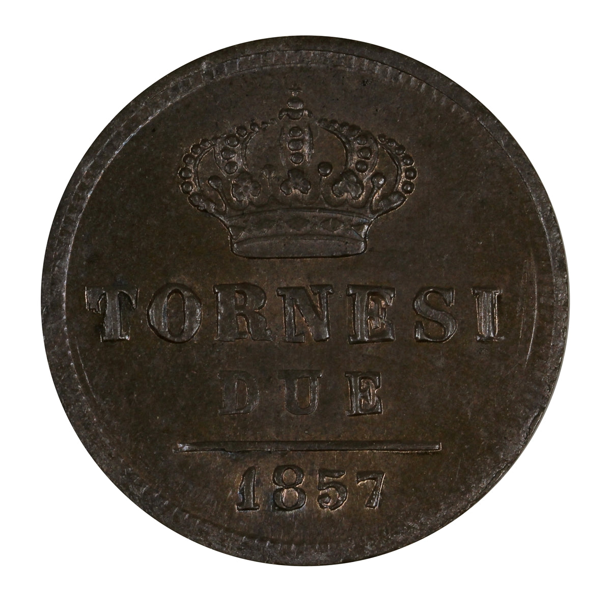 Italian States 1857 Naples 2 Tornesi Brilliant Uncirculated (MS-63) Lustrous Brown $