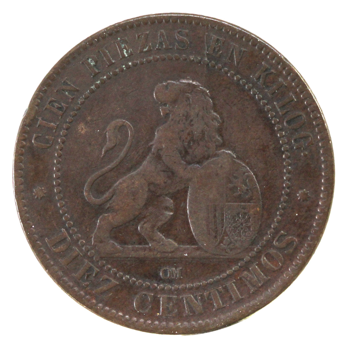 Spain 1870OM 10 Centimos VF-EF (VF-30)