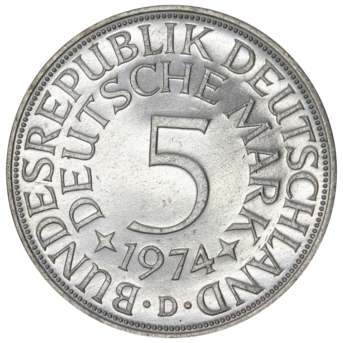 Germany 1974D 5 Marks Brilliant Uncirculated (MS-63)