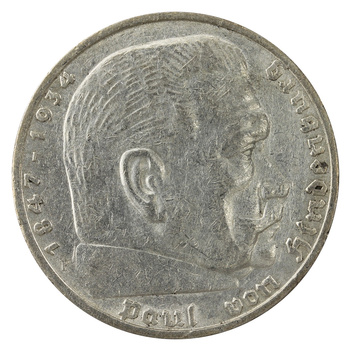 German Third Reich 1936F Hindenburg 5 Marks VF-EF (VF30)