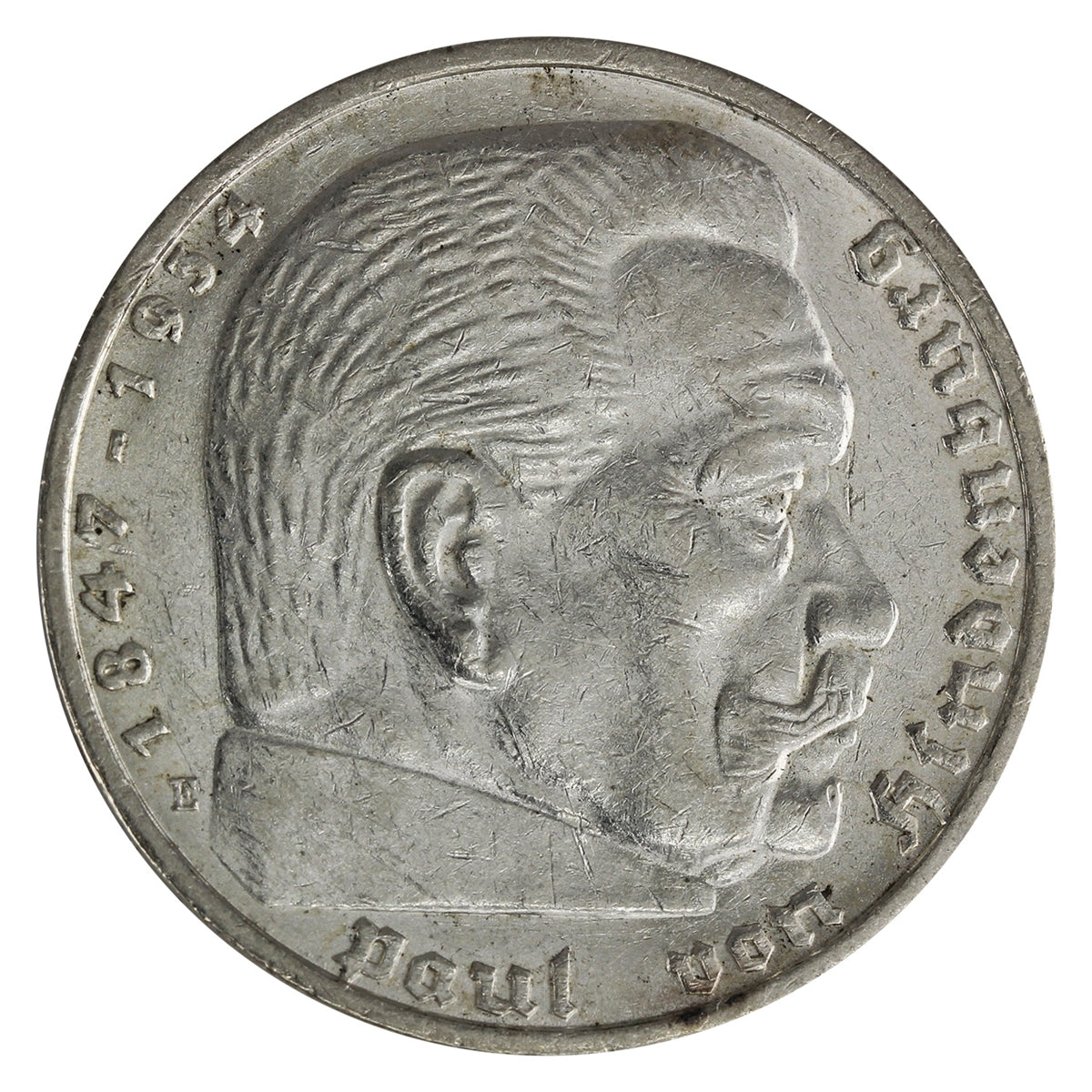 German Third Reich 1936E Hindenburg 5 Mark Almost Uncirculated (AU50) $