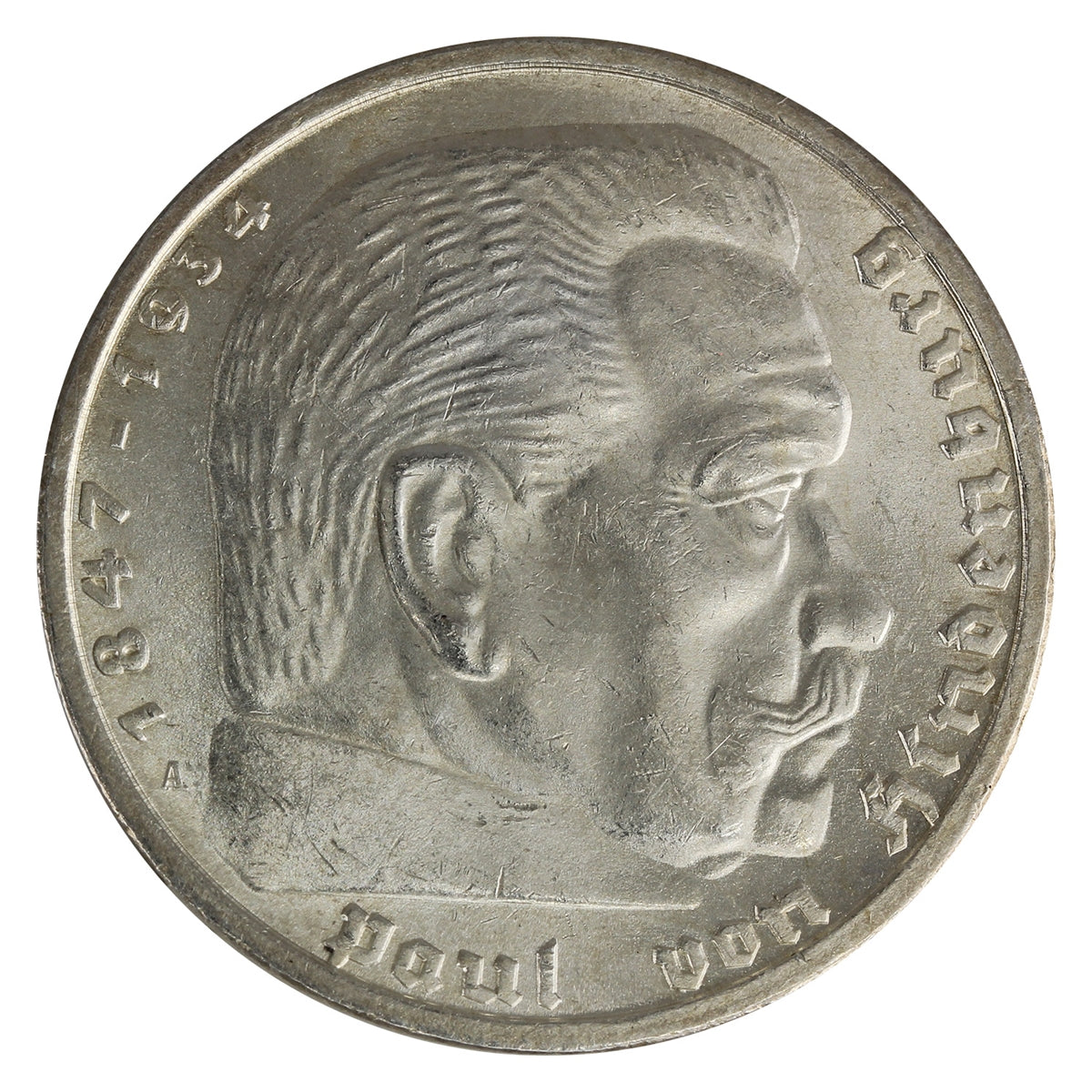 German Third Reich 1935A Hindenburg 5 Marks Choice Brilliant Uncirculated (MS64) $