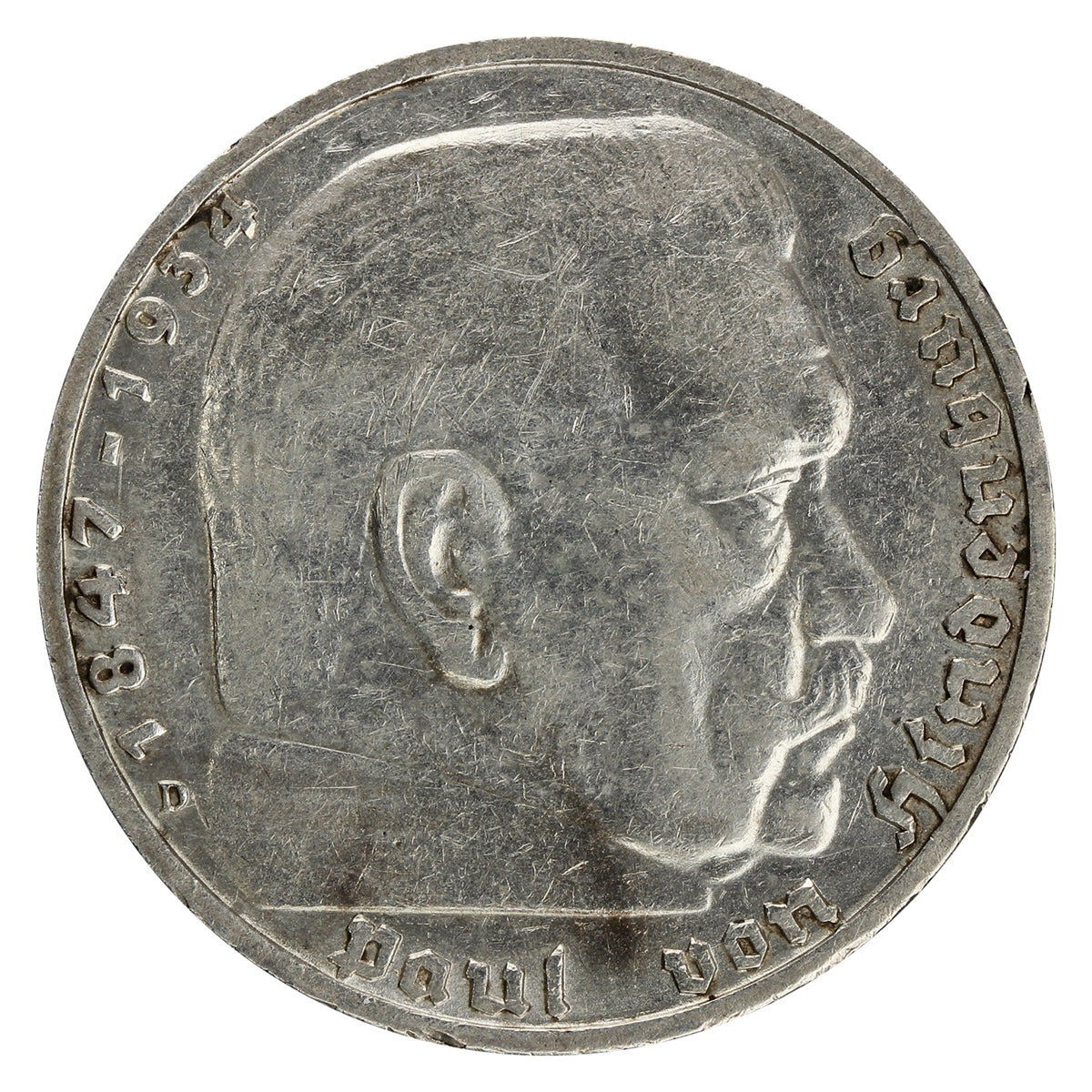 German Third Reich 1935D Hindenburg 5 Mark Very Fine (VF20)
