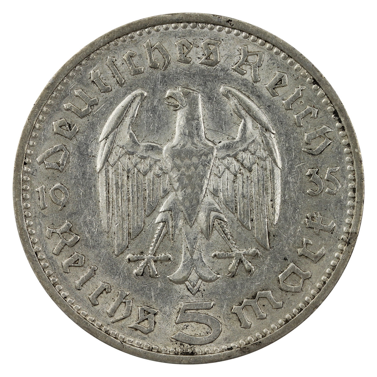German Third Reich 1935F Hindenburg 5 Marks VF-EF (VF-30)