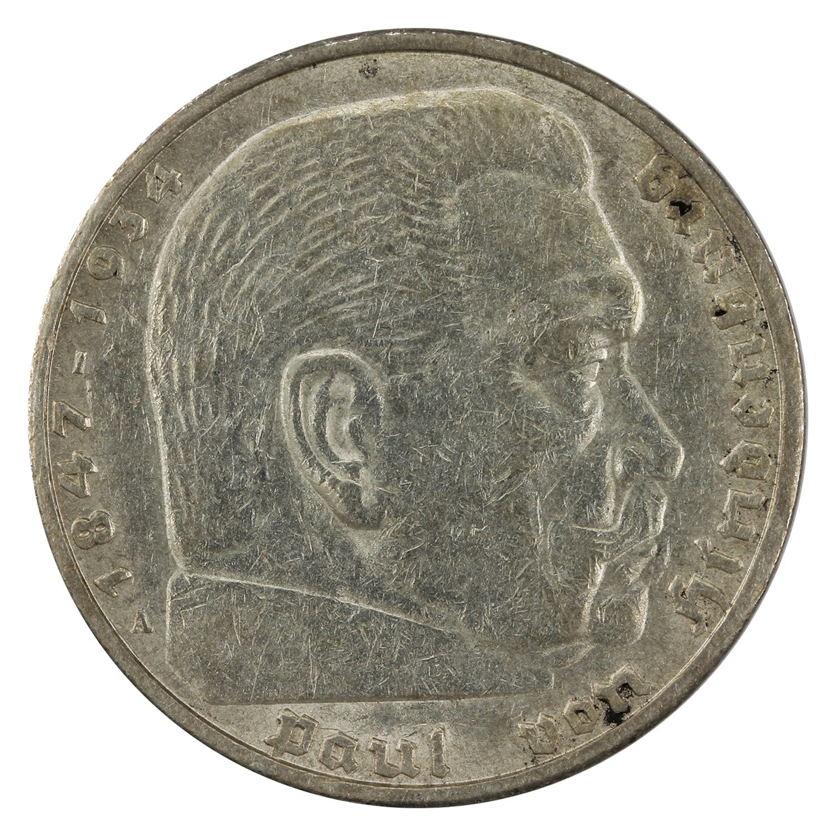 German Third Reich 1936A Hindenburg 5 Mark F-VF (F15)