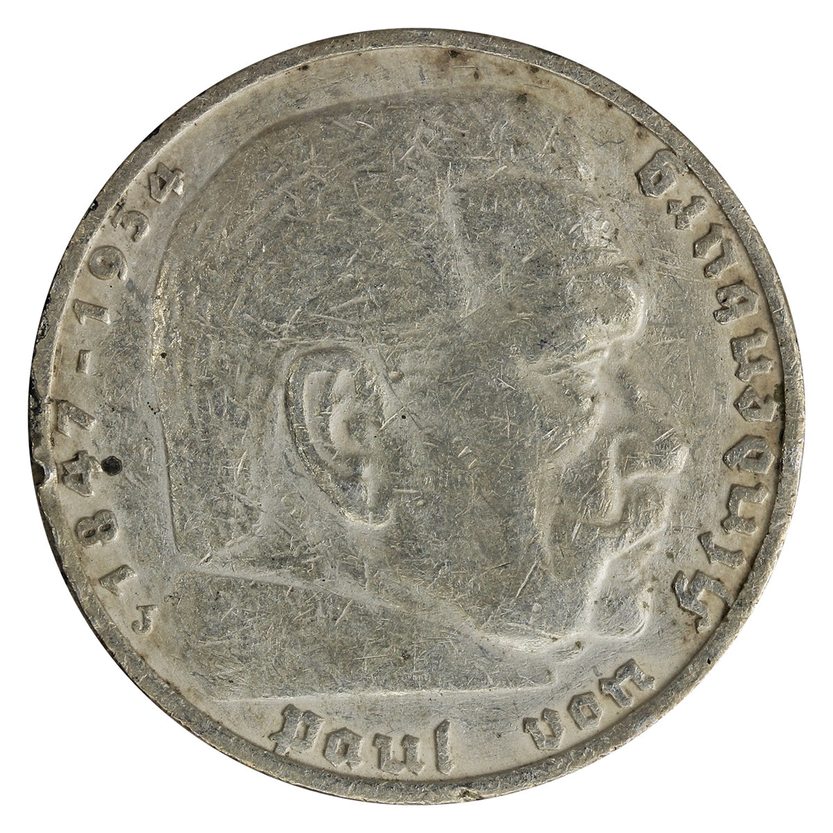 German Third Reich 1936J Hindenburg 5 Mark Very Fine (VF20)
