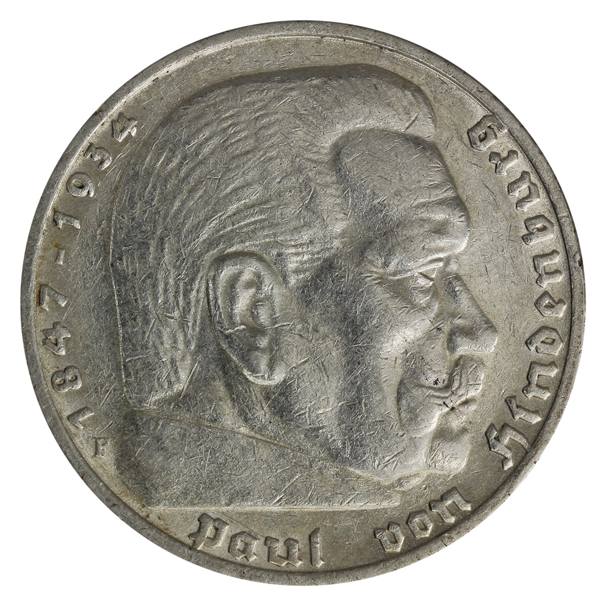 German Third Reich 1936F Swastika 5 Marks EF-AU (EF45)