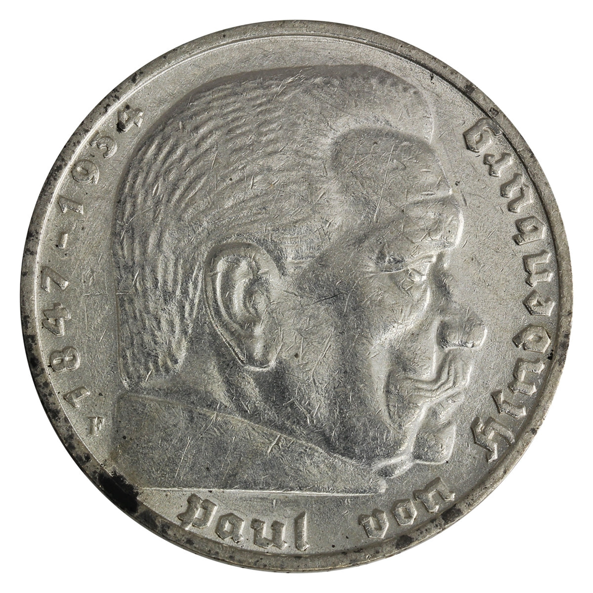 German Third Reich 1936F Swastika 5 Marks Extra Fine (EF40)