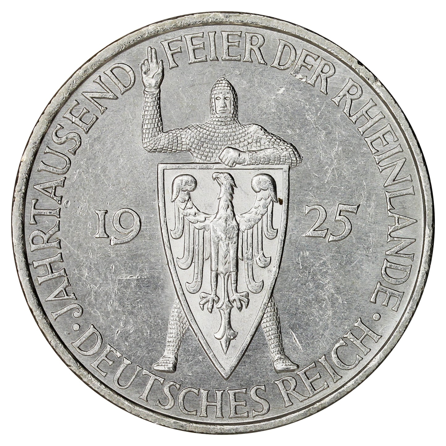 German Weimar Republic 1925A Rhineland 5 Marks UNC+ (MS62) $