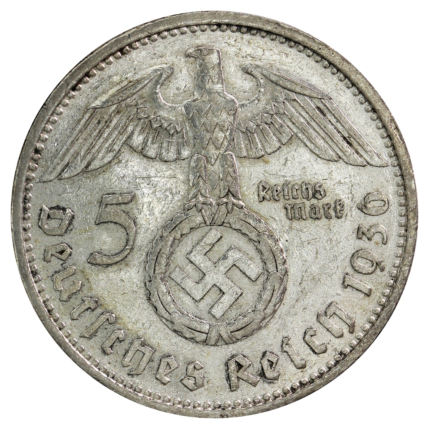 German Third Reich 1936A Swastika 5 Marks Almost Uncirculated (AU-50)