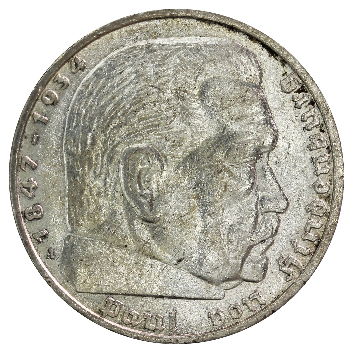 German Third Reich 1936A Swastika 5 Marks Almost Uncirculated (AU50)