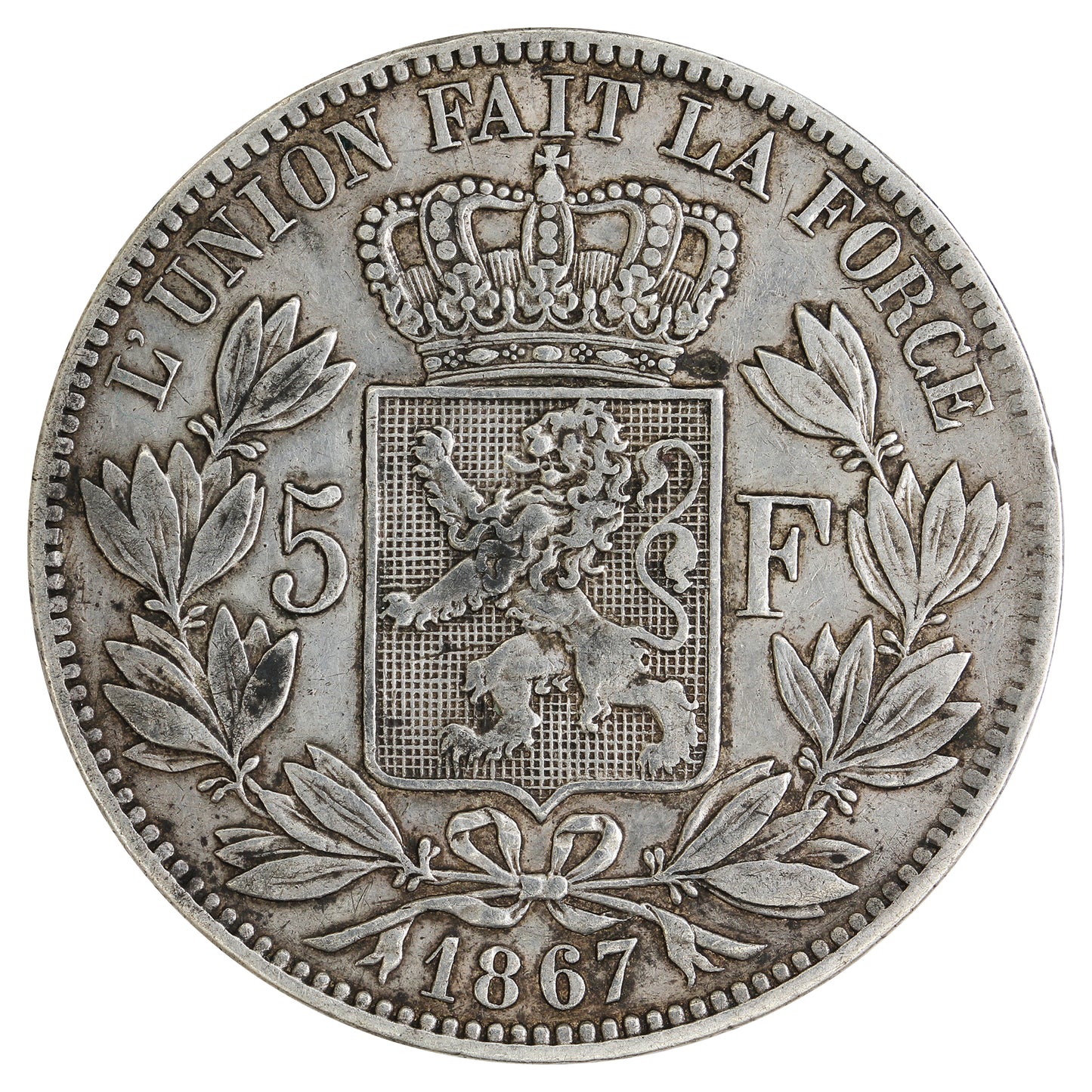 Belgium 1867 5 Francs Extra Fine (EF40) $