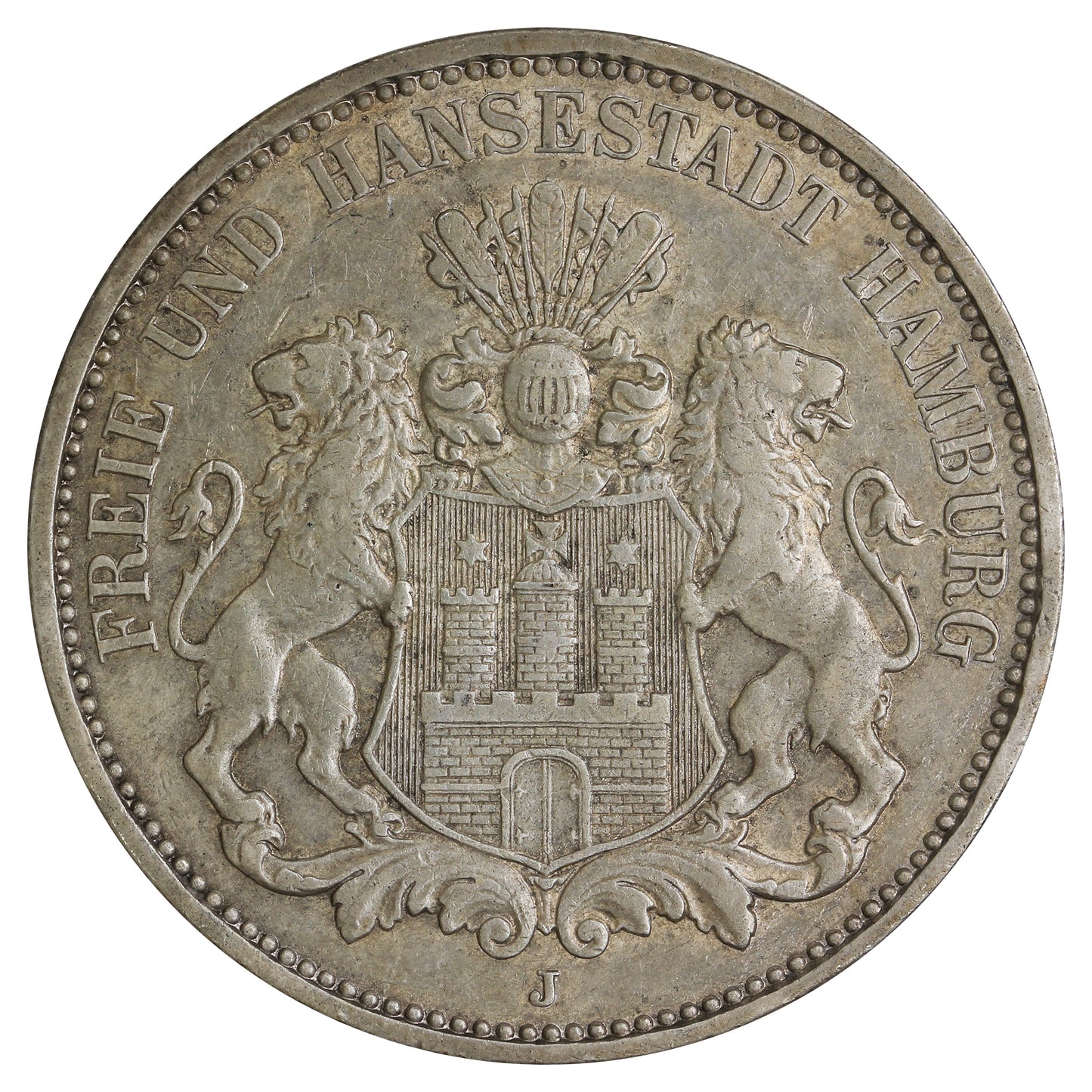 German States 1909J Hamburg 3 Marks Almost Uncirculated (AU50) $