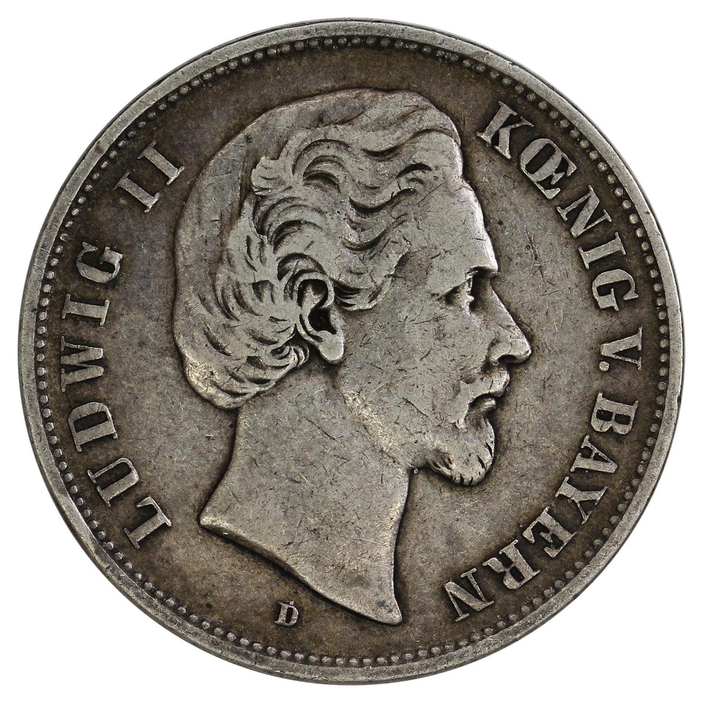 German States 1875D Bavaria 5 Marks Very Fine (VF20) $