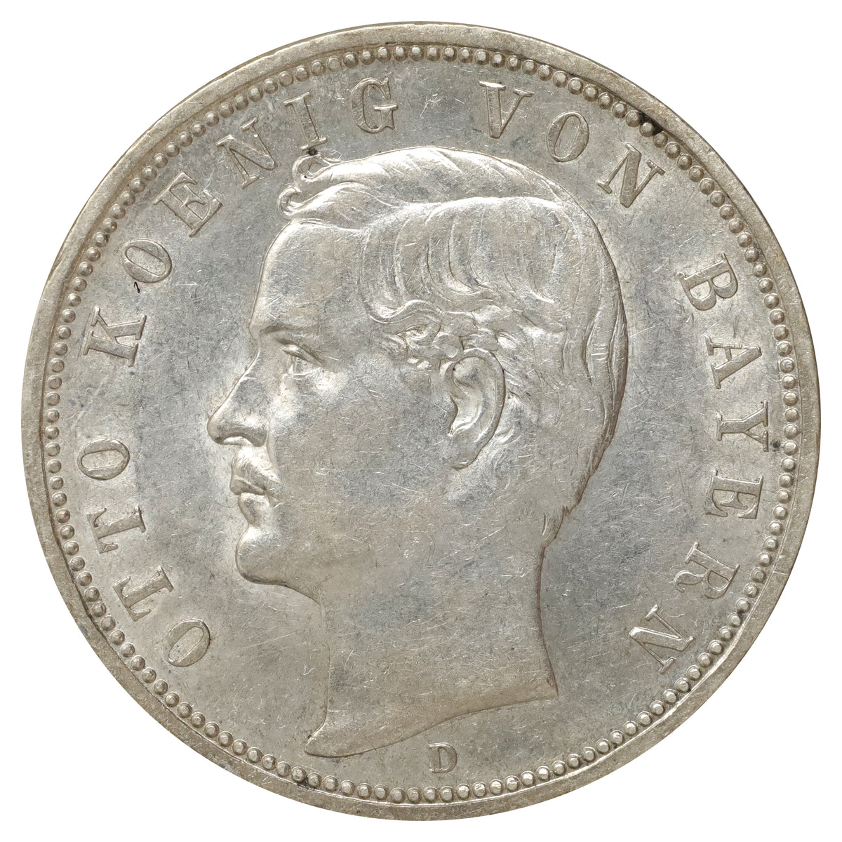 German States 1913D Bavaria 5 Marks Almost Uncirculated (AU50)