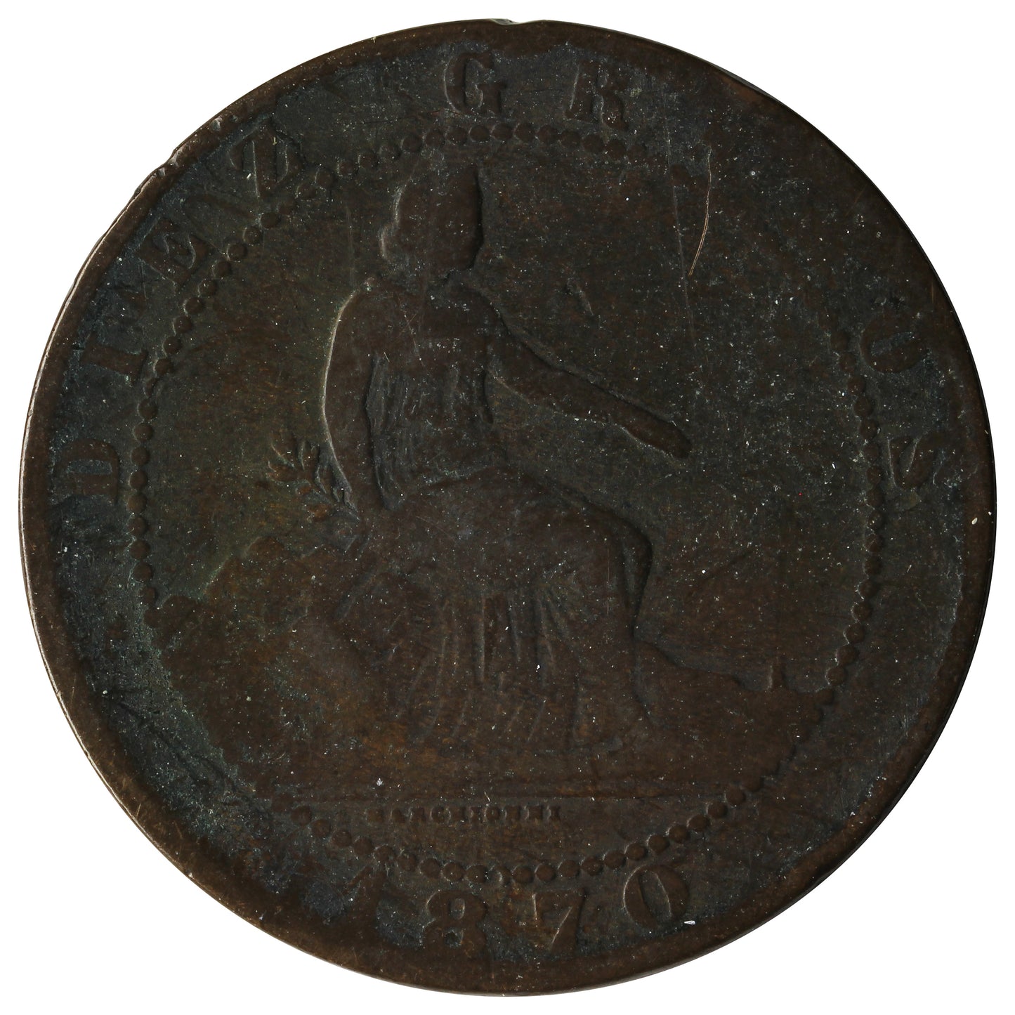 Spain 1870 OM 10 Centimos F-VF (F-15)