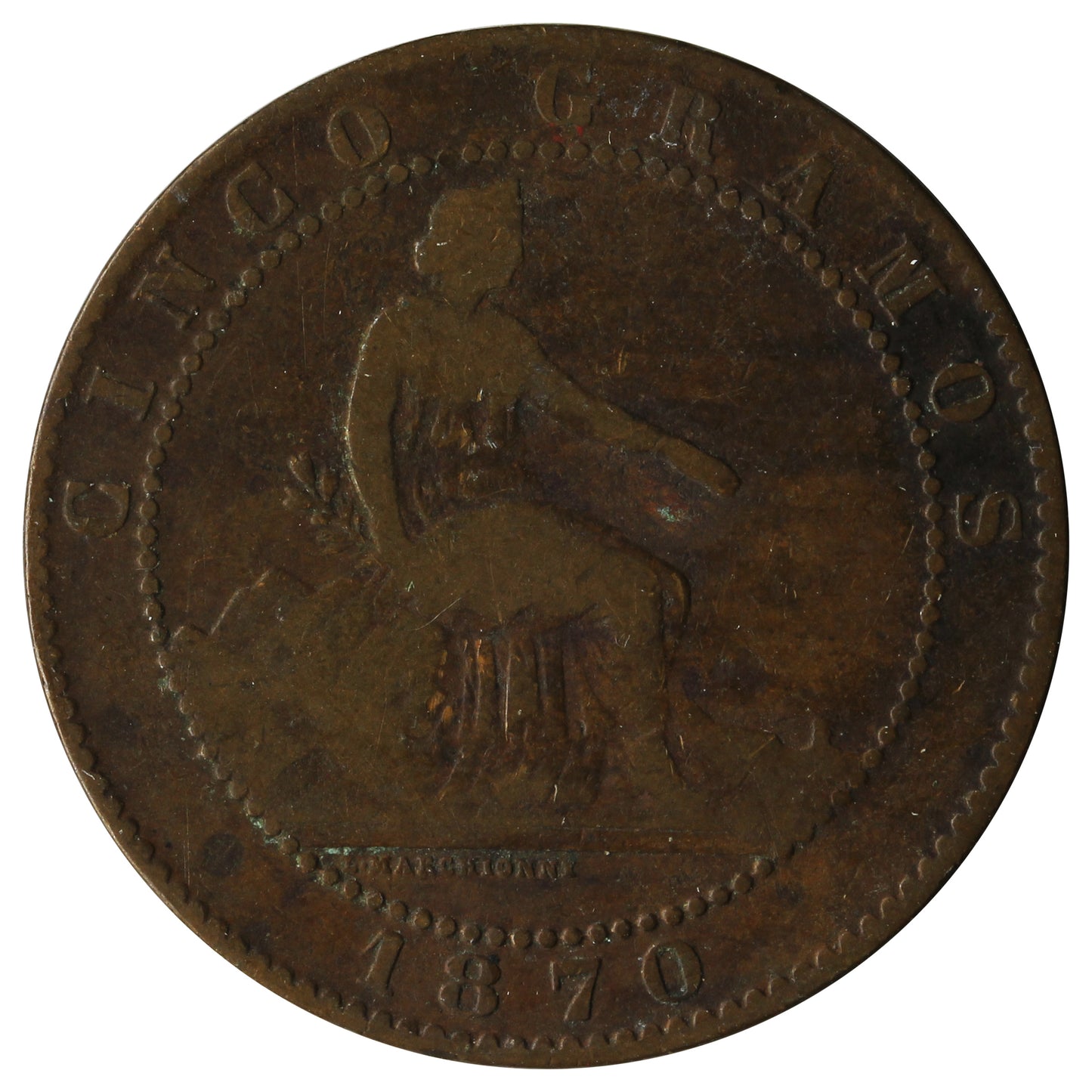 Spain 1870 OM 5 Centimos VF-EF (VF-30)