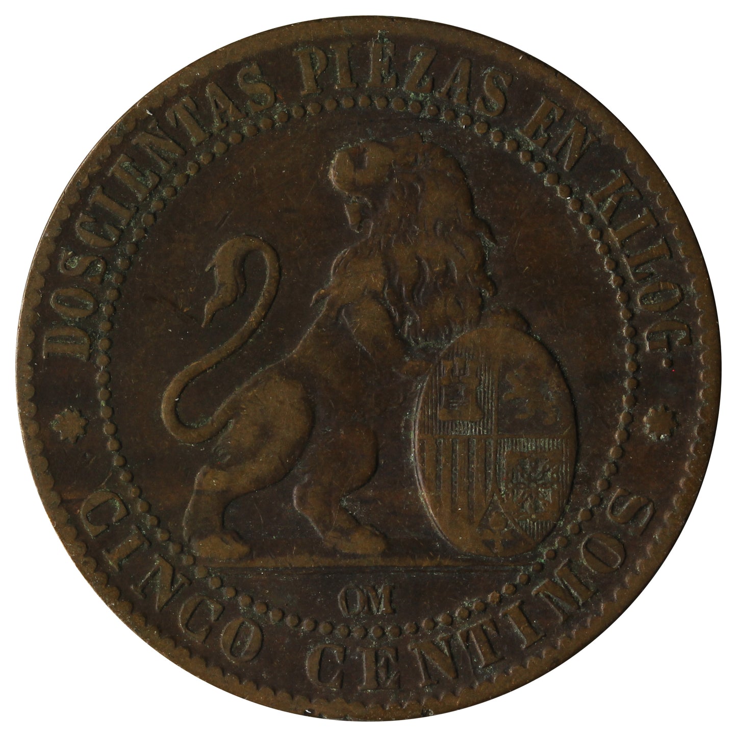 Spain 1870 OM 5 Centimos VF-EF (VF30)