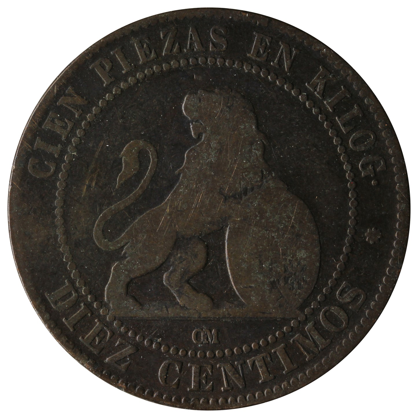 Spain 1870OM 10 Centimos Very Fine (VF20)