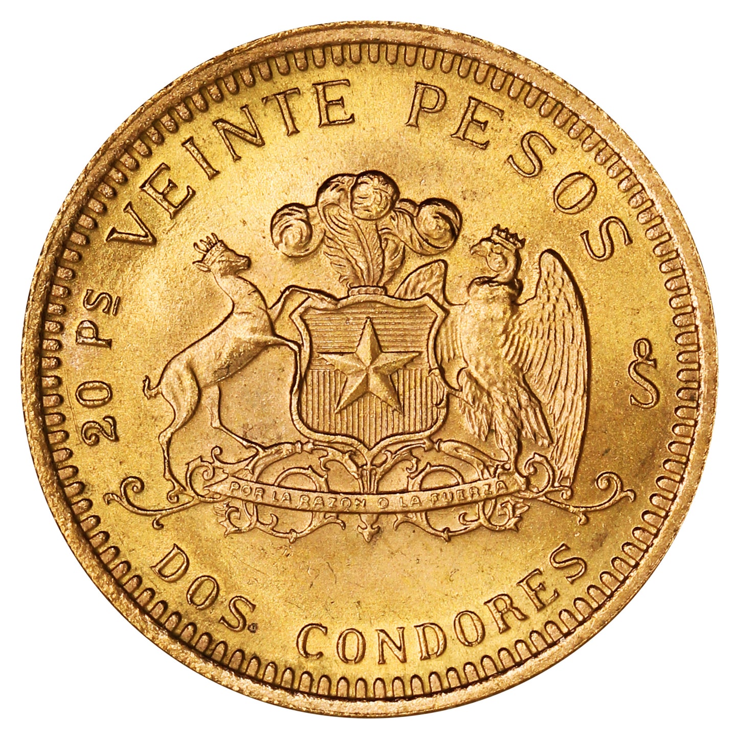 Chile 1976 Gold 20 Pesos Choice Brilliant Uncirculated (MS64)