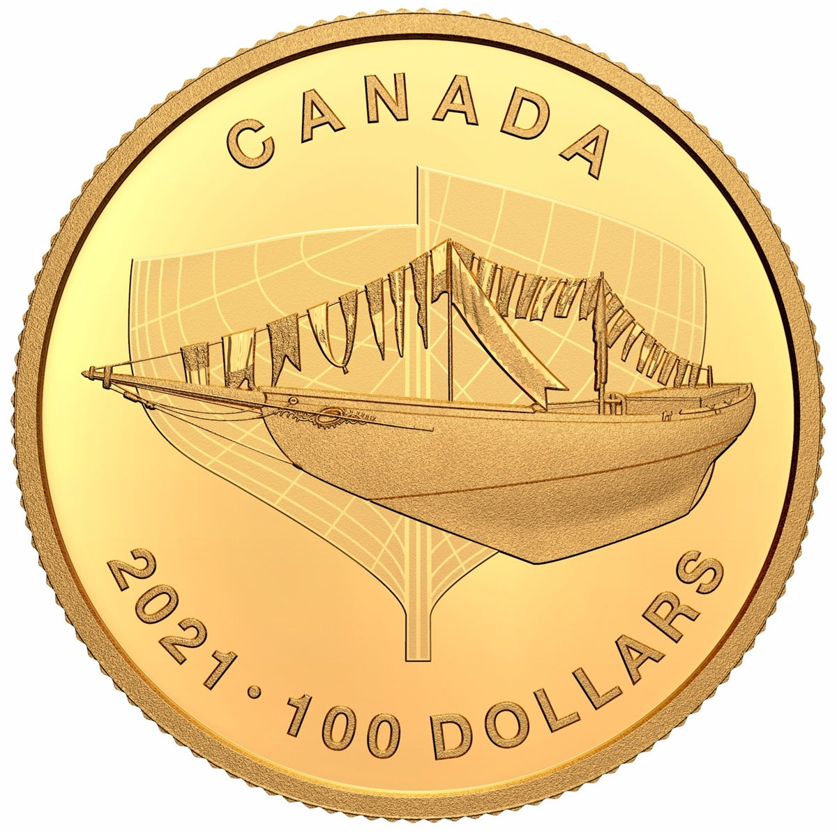 2021 Canada $100 100th Anniversary of the Bluenose: The Launch 1/4 oz. Pure Gold (No Tax)